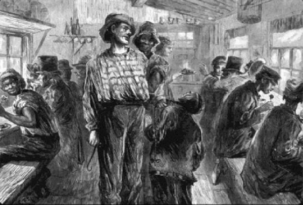 A waterfront tavern in the 1800’s. Food was provided free, as long as one drank house brew as well. Then as now, a plethora of nationalities jostled ashore. The bully longshoreman with his hook harasses the Chinaman as the African mediates.